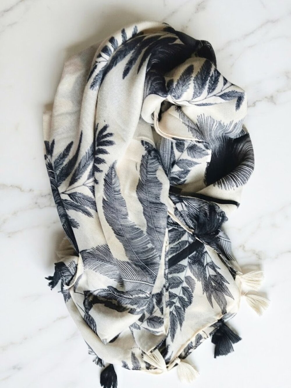 Women's Cream scarf with Black Leaf Print